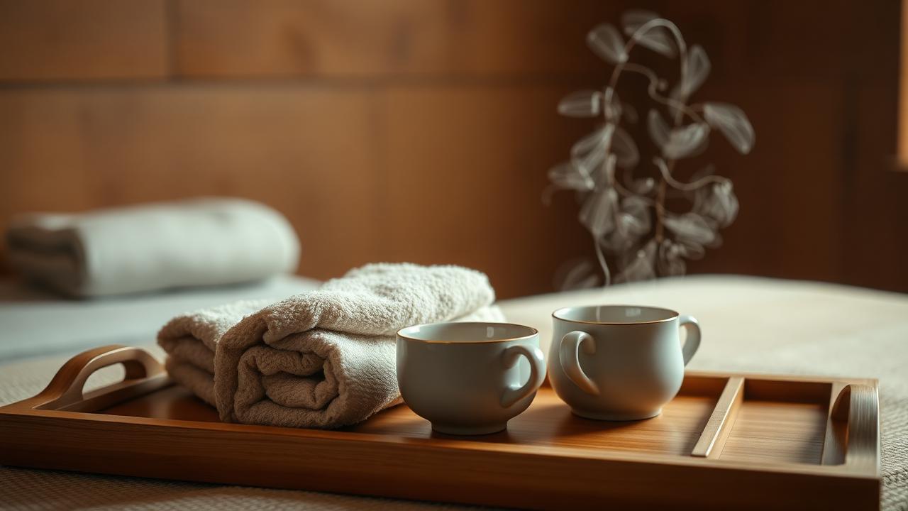 Warm towels and tea prepared on a wooden tray in a calm spa room