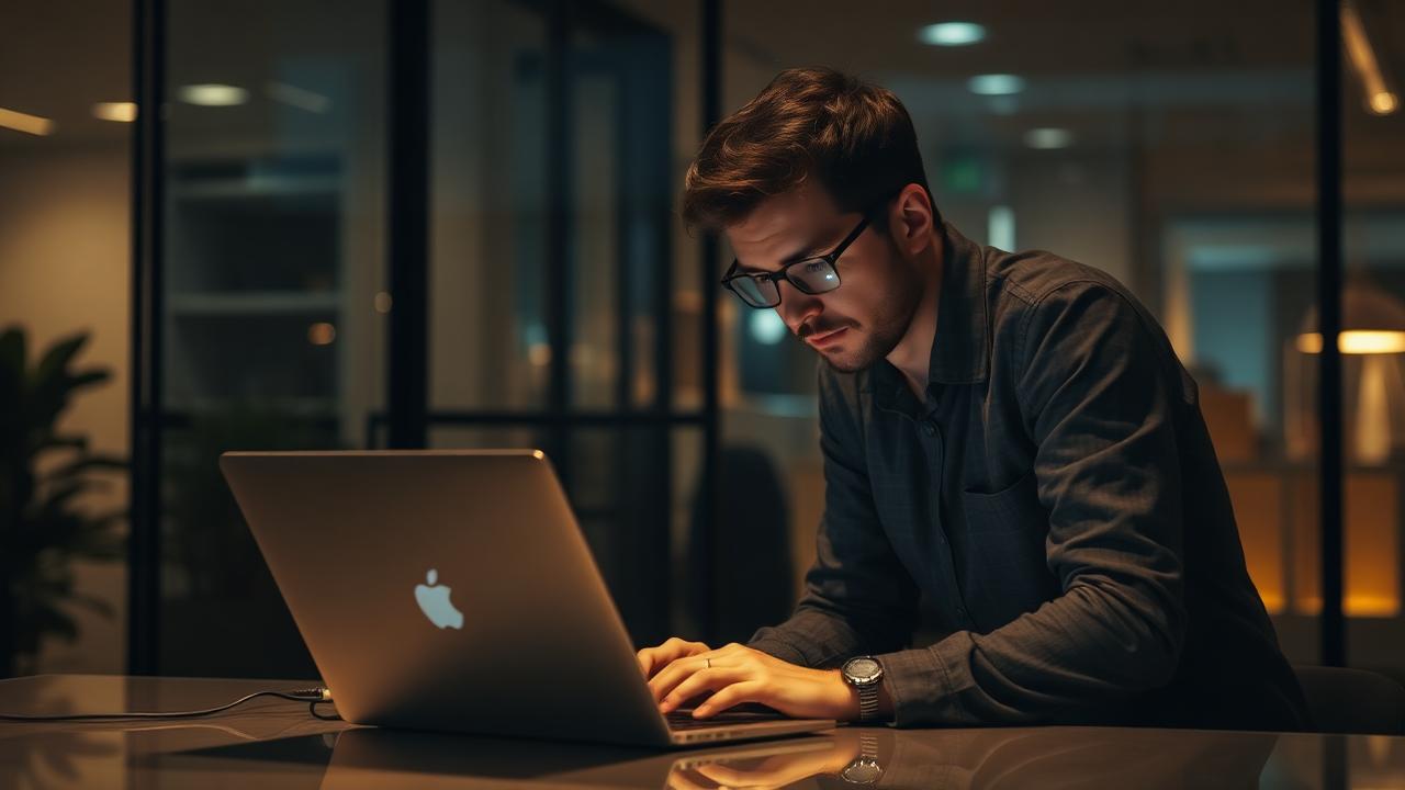 An office worker leaning over a laptop late into the evening