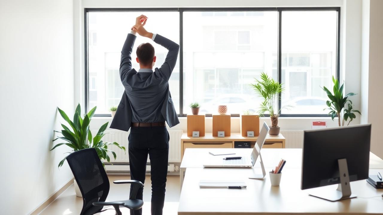 A professional standing for a stretch break beside a bright office window
