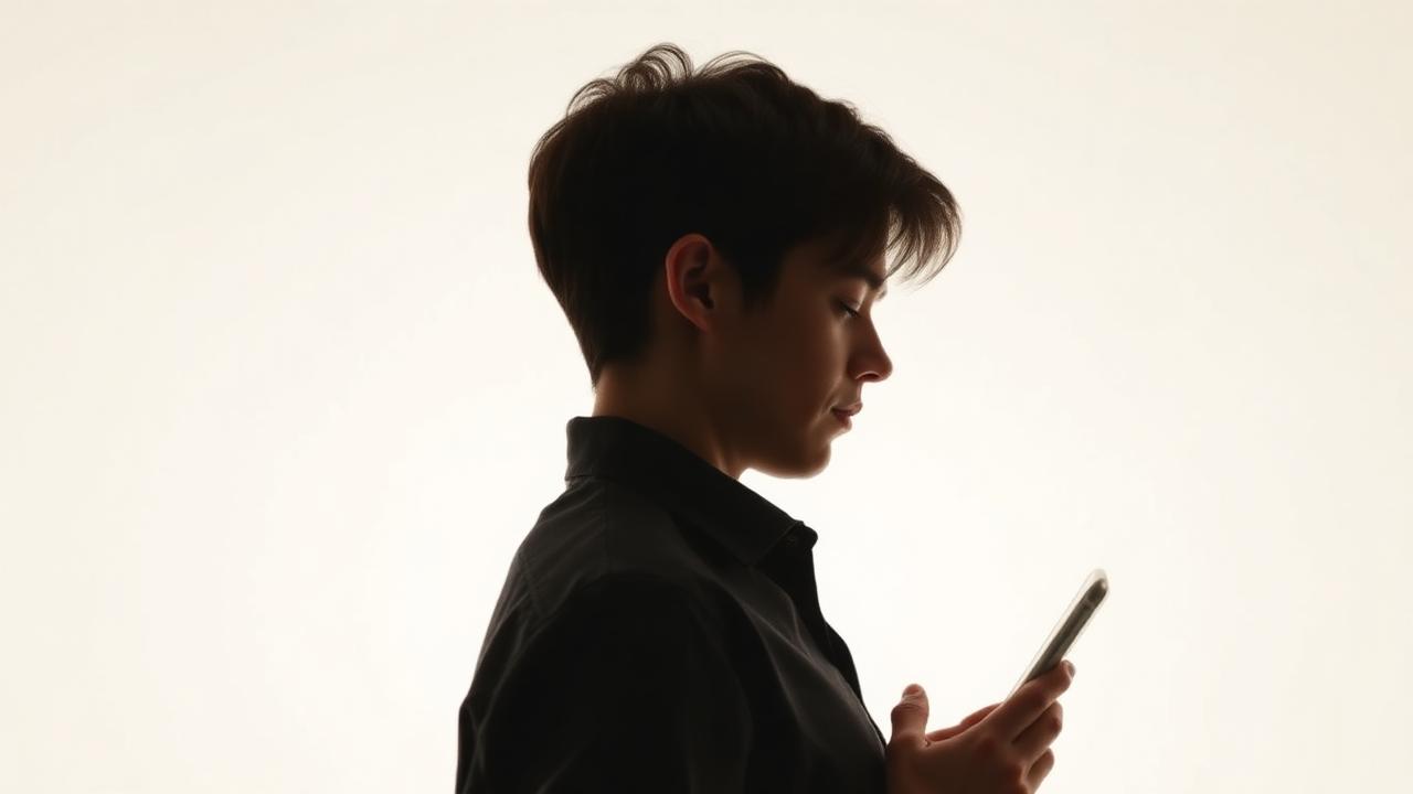 Side profile of a person looking down at a smartphone with forward head posture
