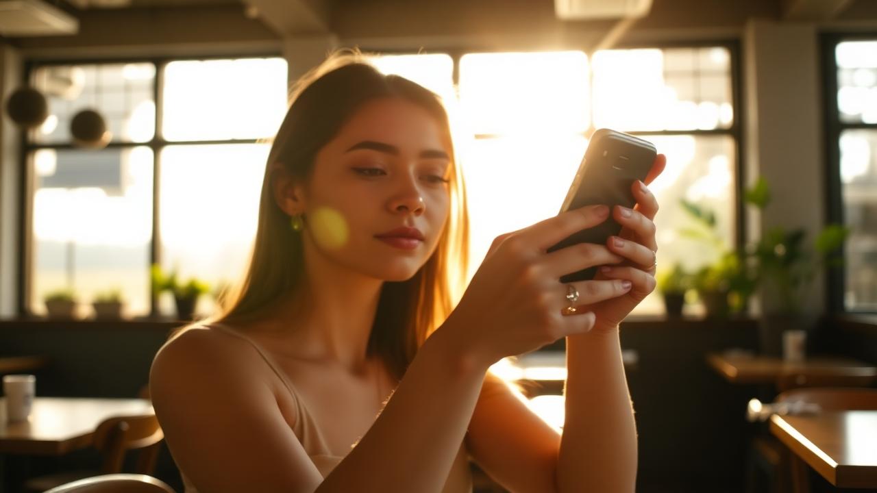 A person holding a phone raised to eye level with a relaxed neck