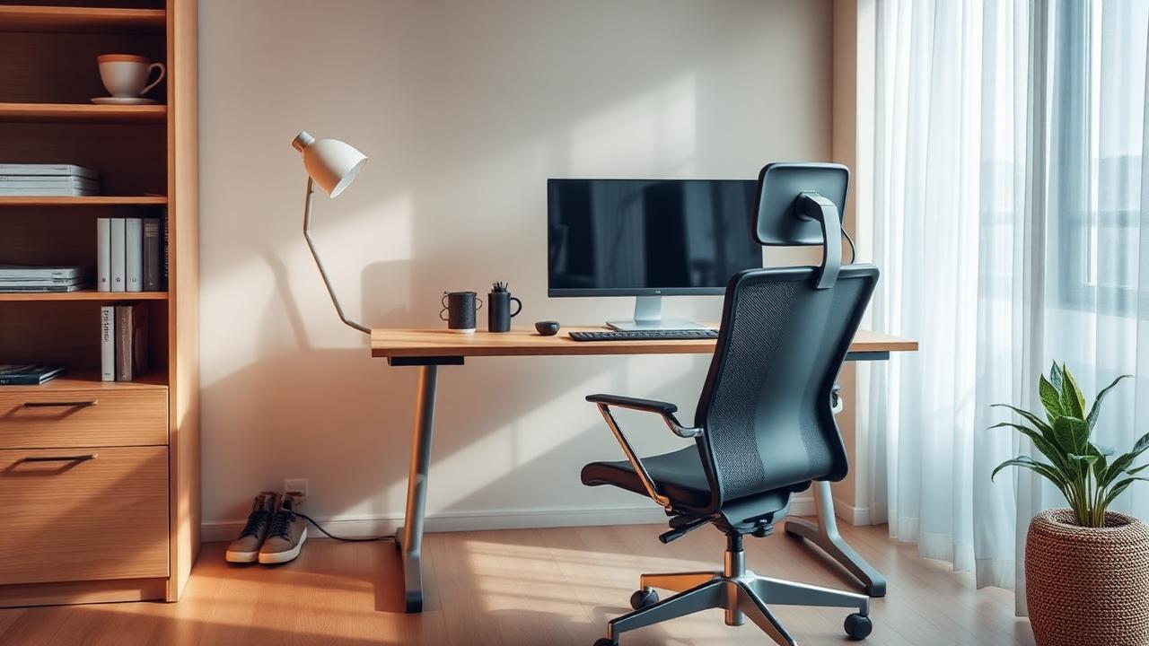 An ergonomic home workspace with the monitor set at eye level