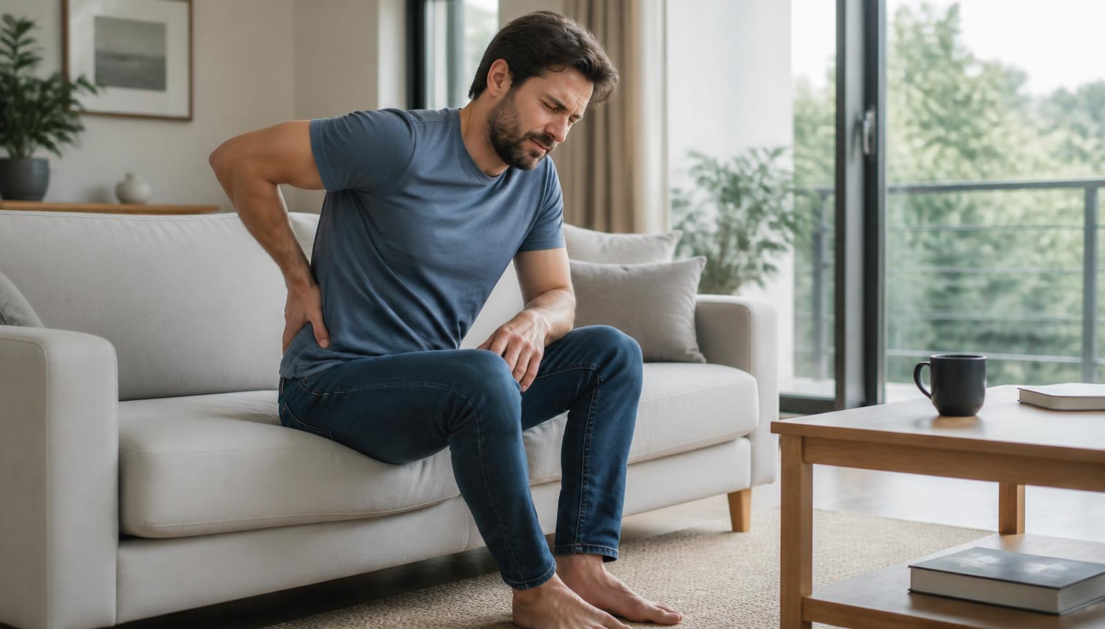 A person seated on a sofa reaching toward the back of the hip and thigh