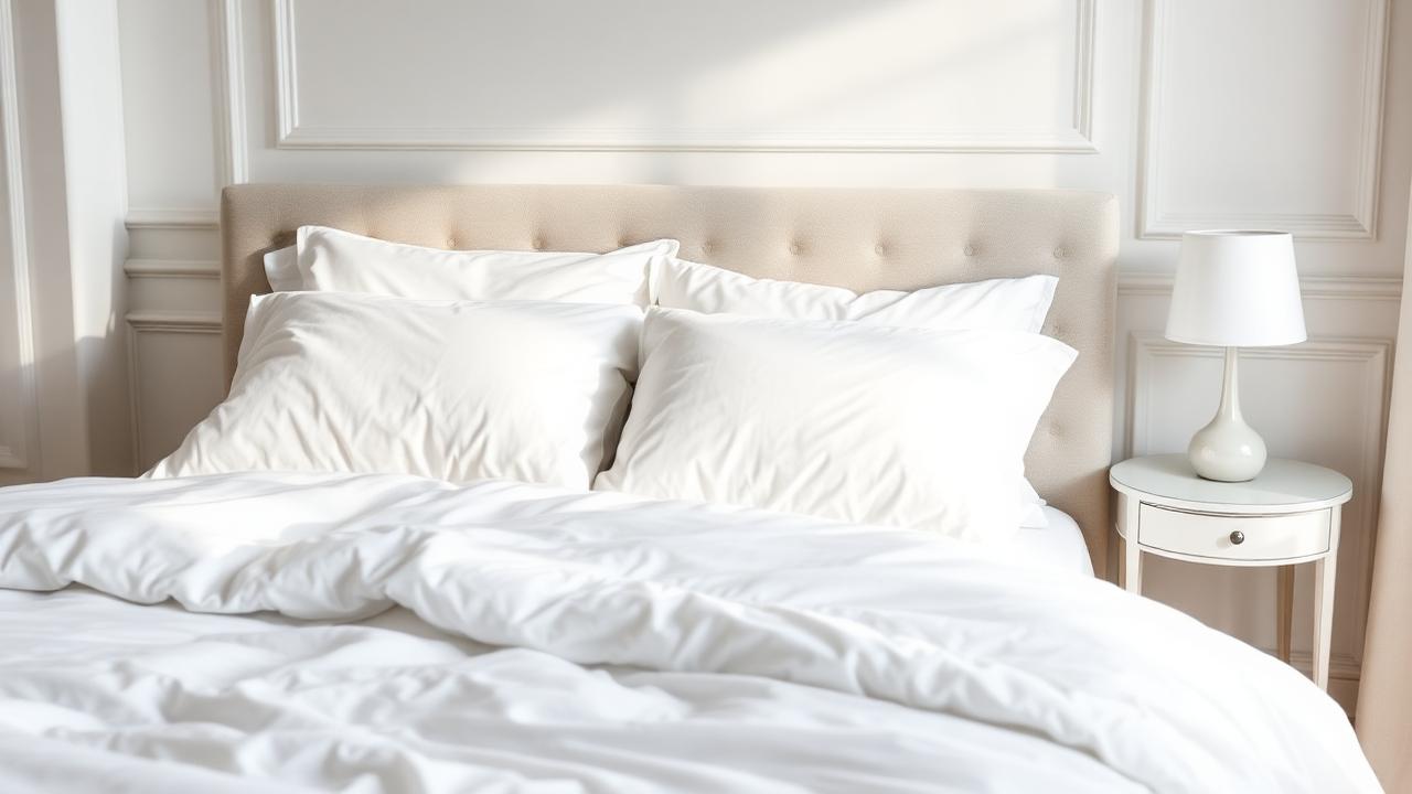 A calm bedroom with white linens and a supportive pillow arrangement