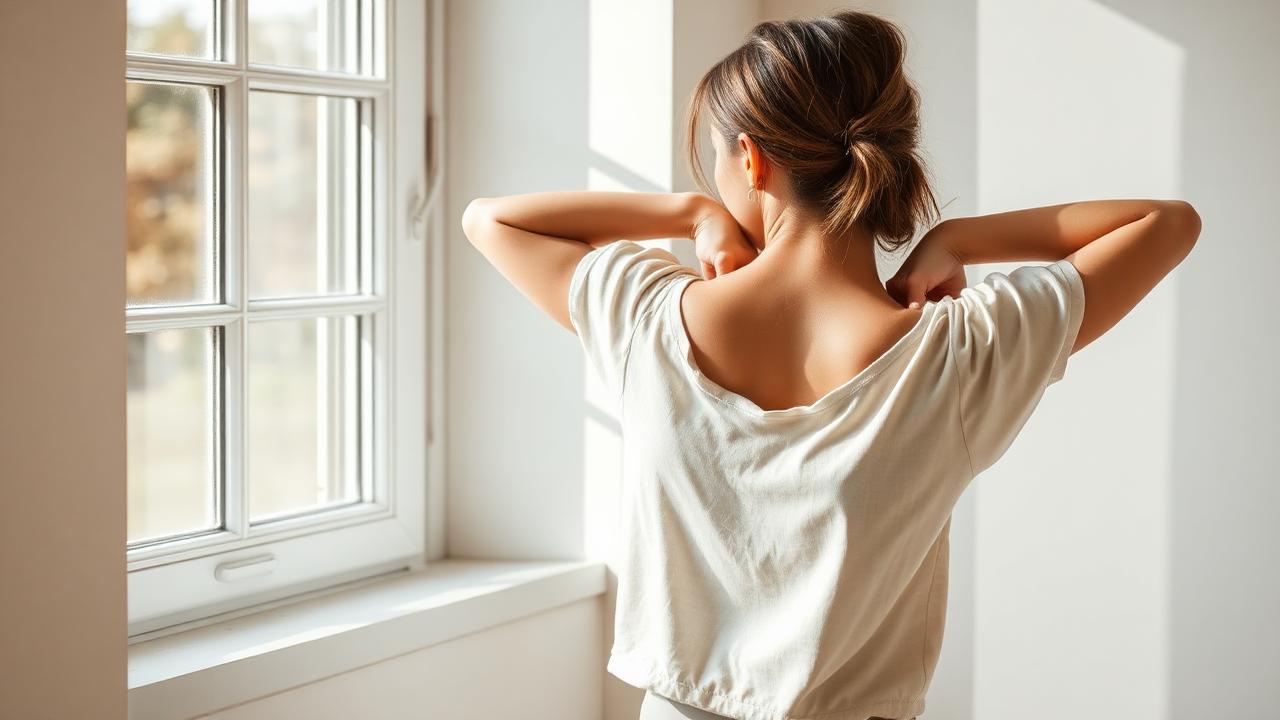 A woman rolling her shoulders to release tightness beside a window