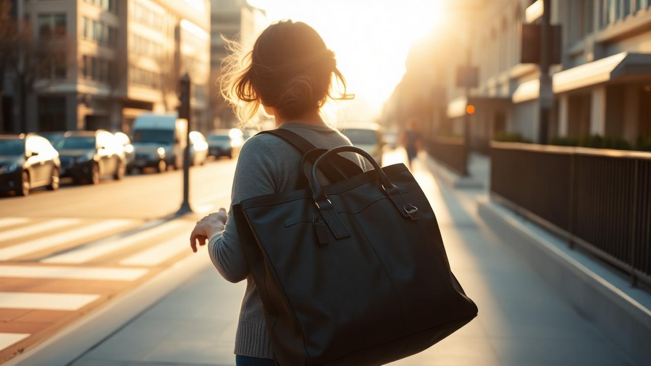 A commuter carrying a heavy shoulder bag along a city sidewalk