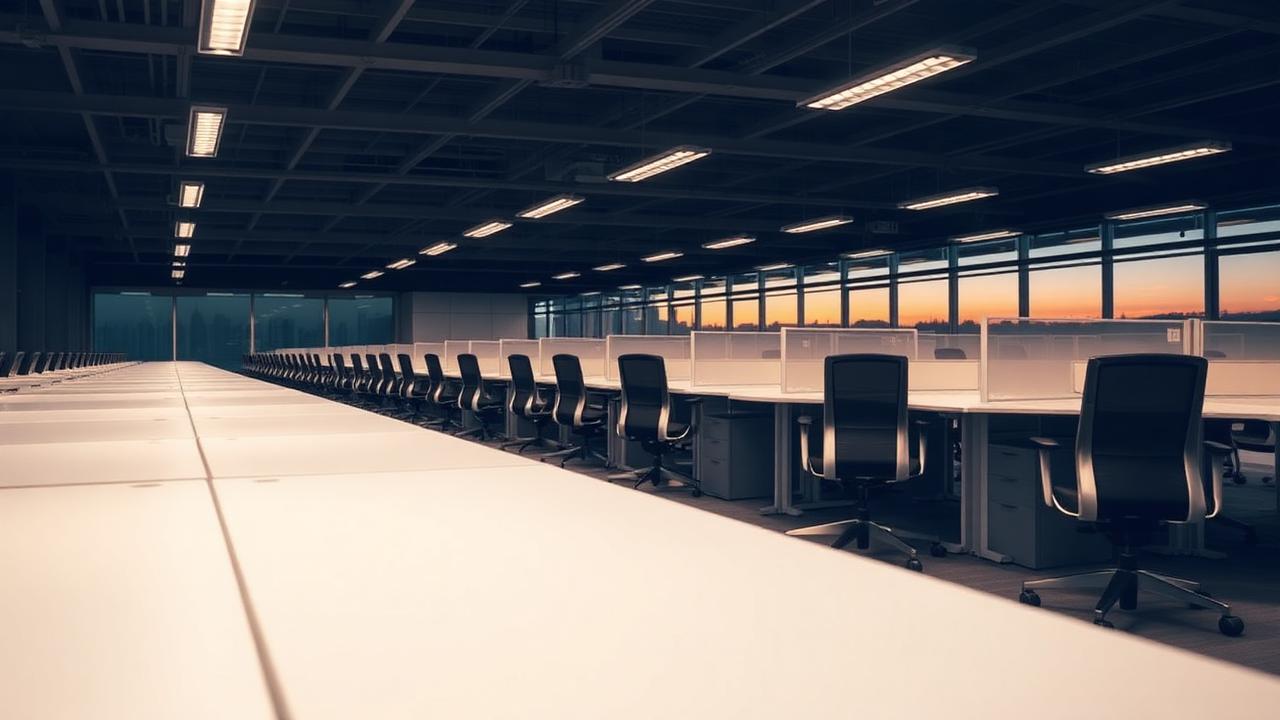 Rows of empty office desks and chairs at dusk