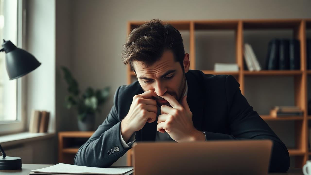 A professional pausing at their desk with visible mental fatigue