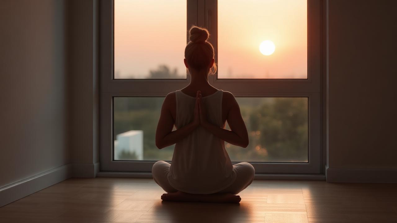 A person practising slow breathing seated by a window at dawn