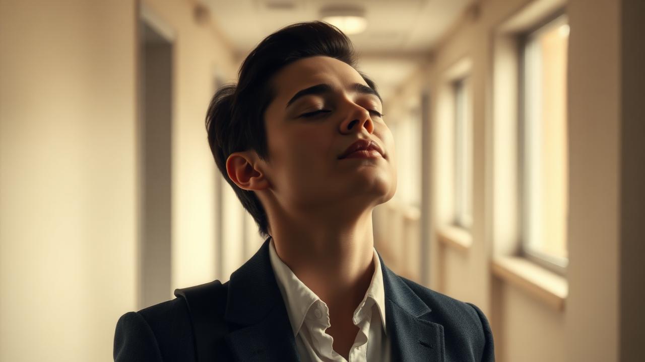 A busy professional pausing to breathe in a quiet corridor