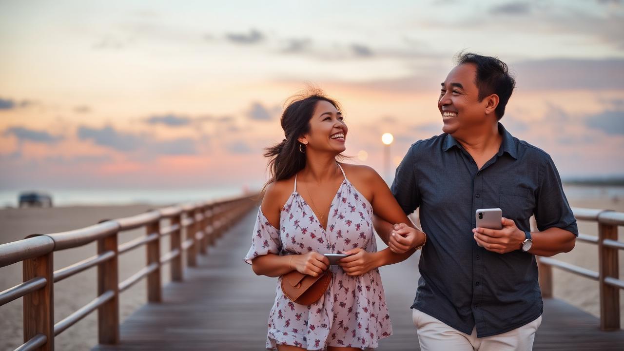 A mature Filipino couple walking and laughing at sunset