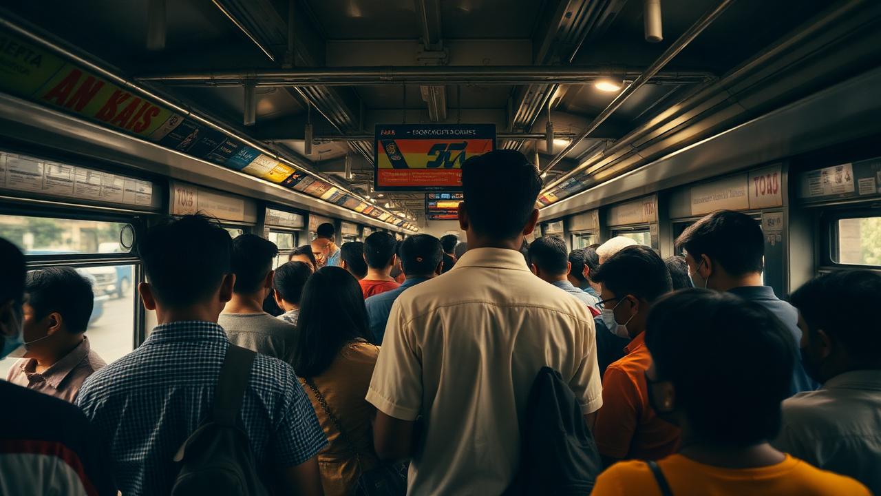 Commuters standing in a crowded Manila train at rush hour