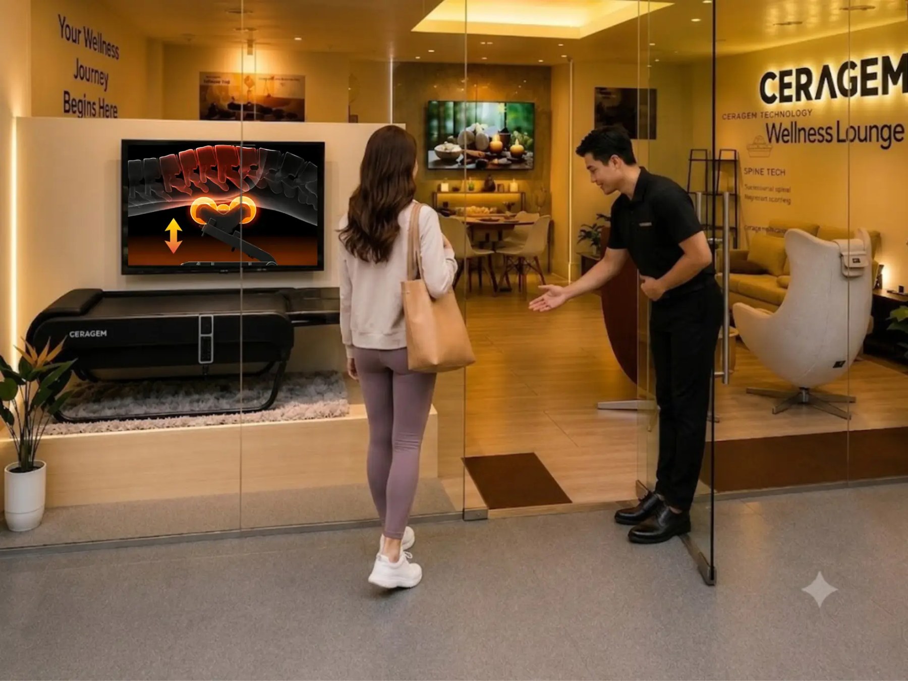 A wellness consultant welcoming a guest at the glass entrance of the CERAGEM Shaw Wellness Lounge