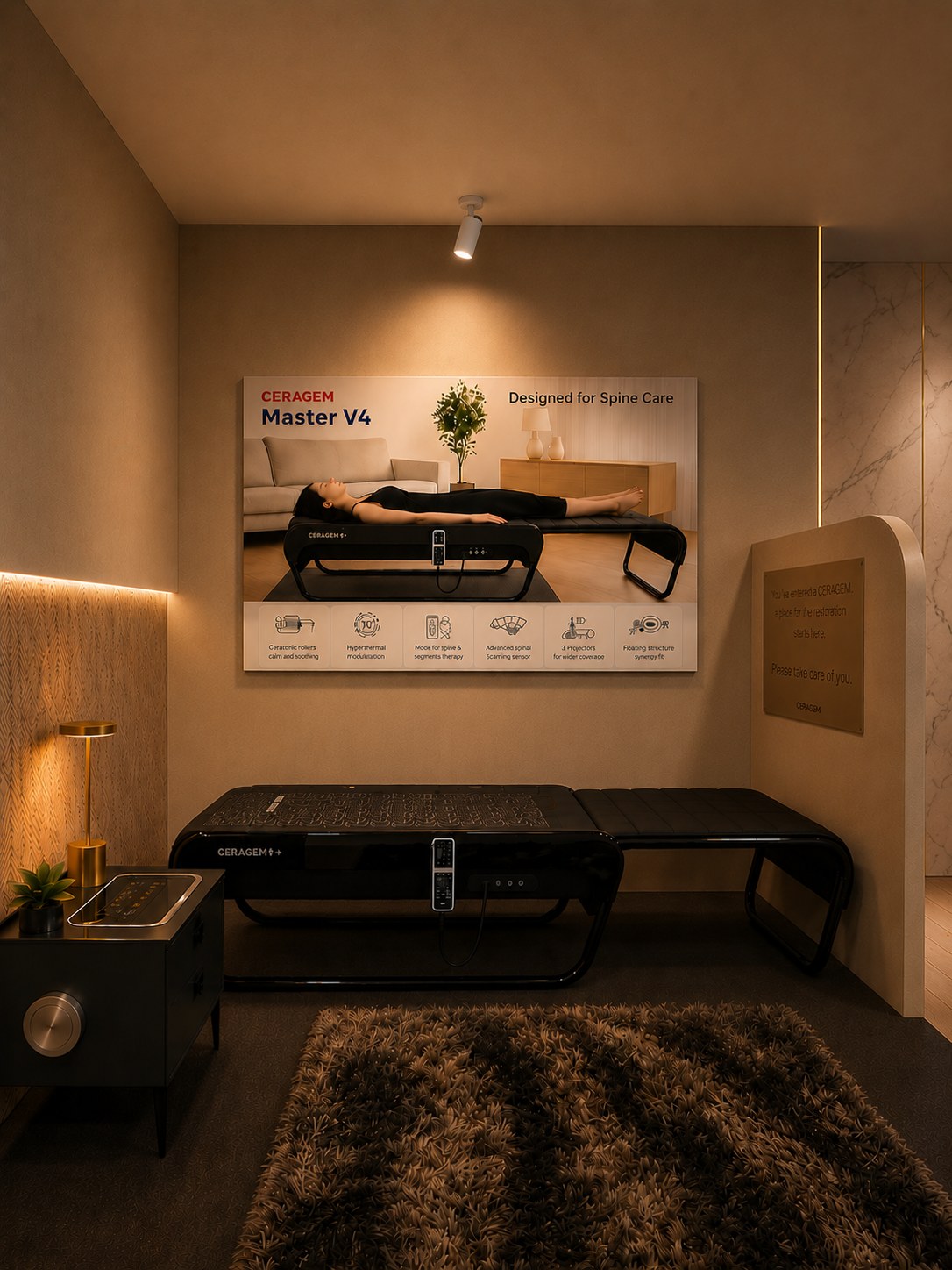 A private suite with the CERAGEM Master V4 thermal bed under warm lighting