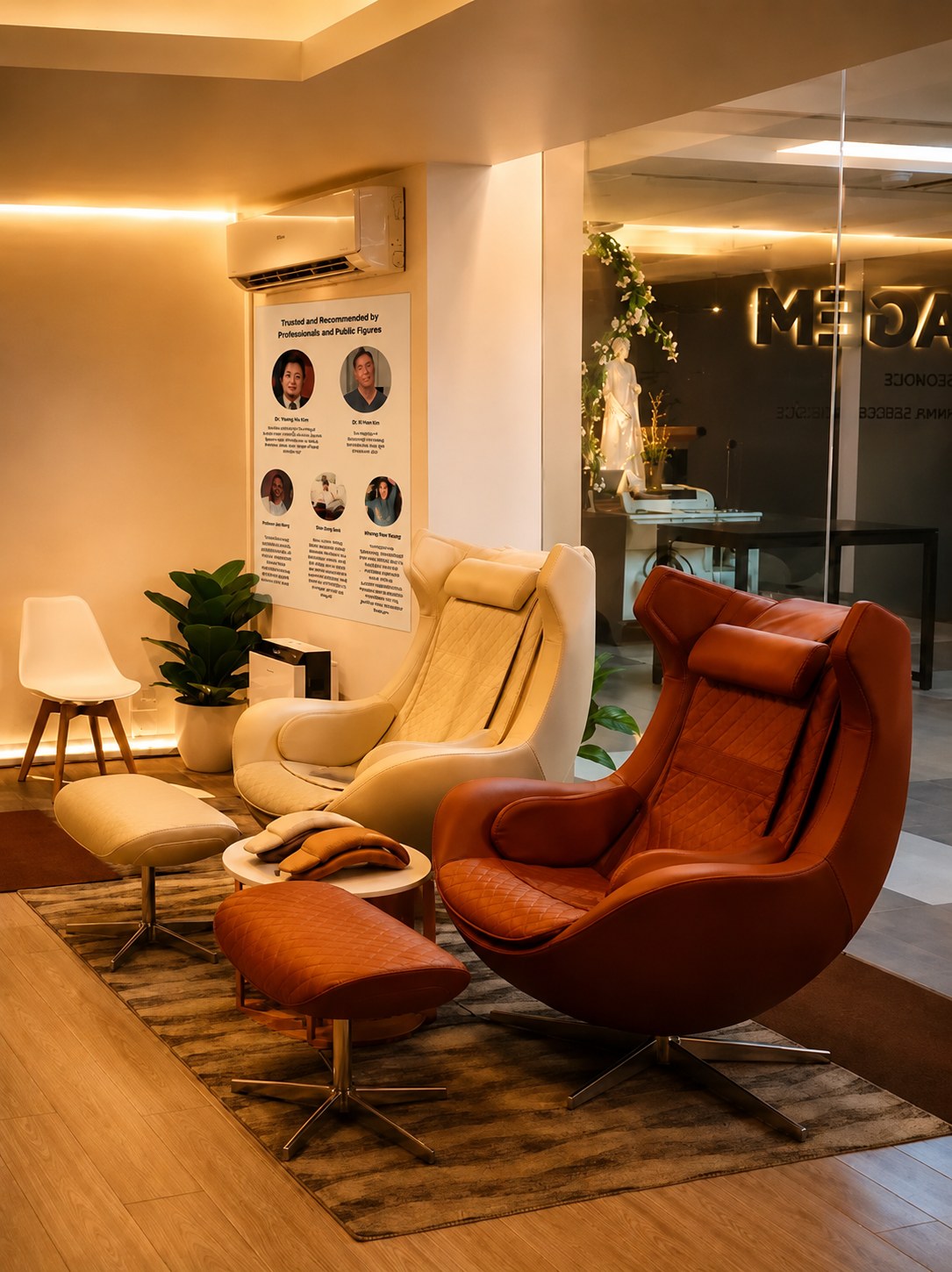 Massage recliners in the warmly lit relaxation area of the lounge