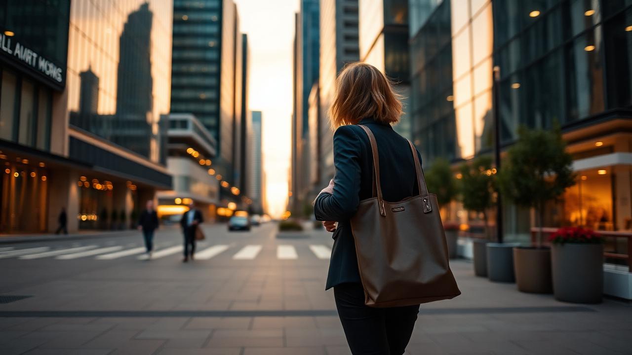 A professional walking through a modern business district in the early evening