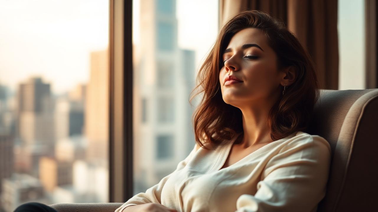 A woman resting with her eyes closed in a quiet lounge chair after work