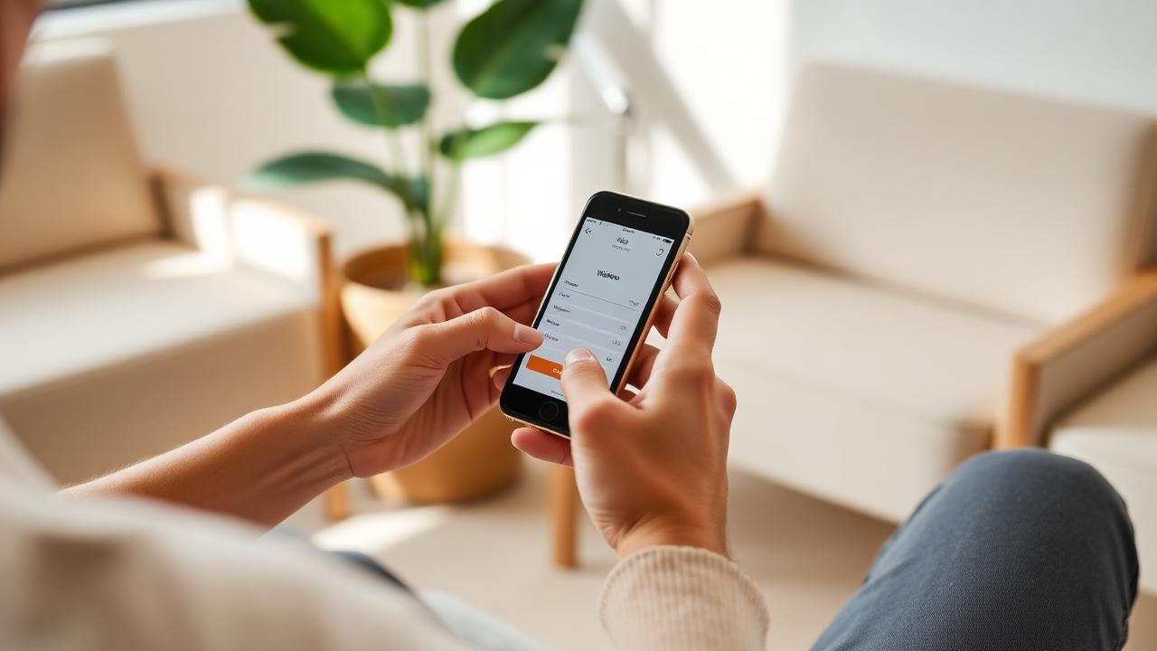Hands booking a wellness appointment on a smartphone in a calm waiting area
