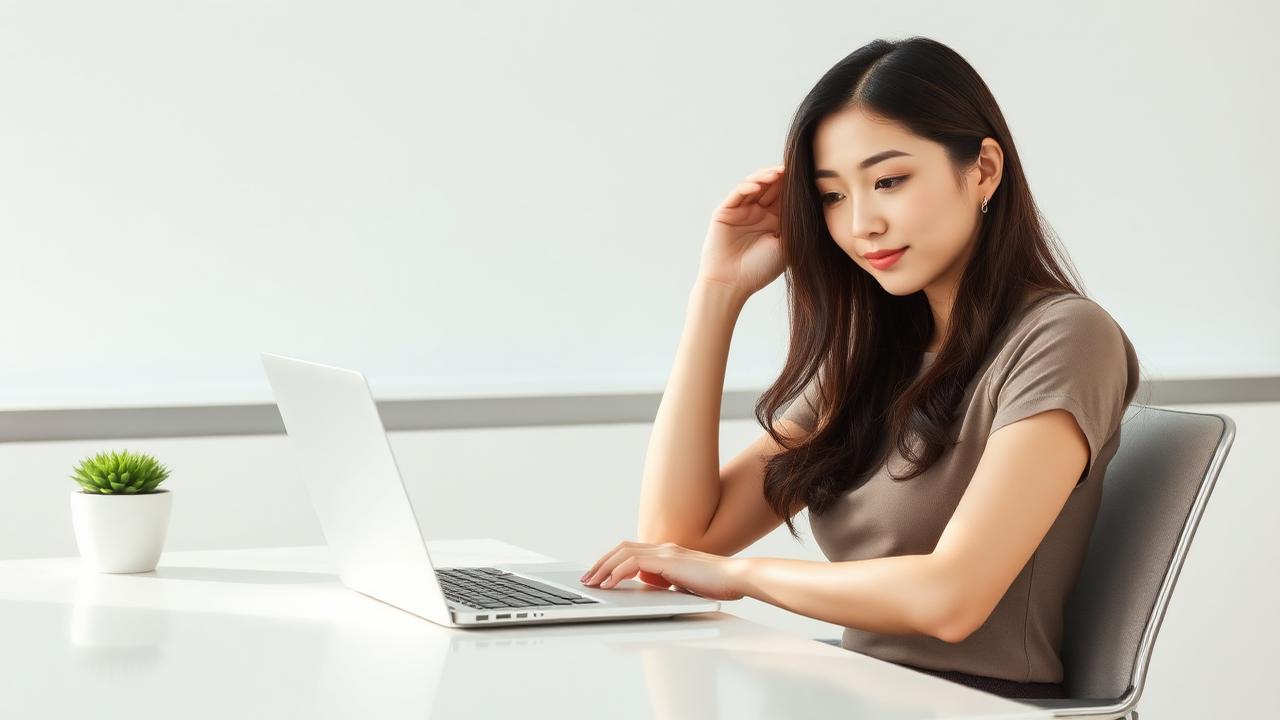 A woman sitting upright at a clean modern desk with her laptop raised to eye level