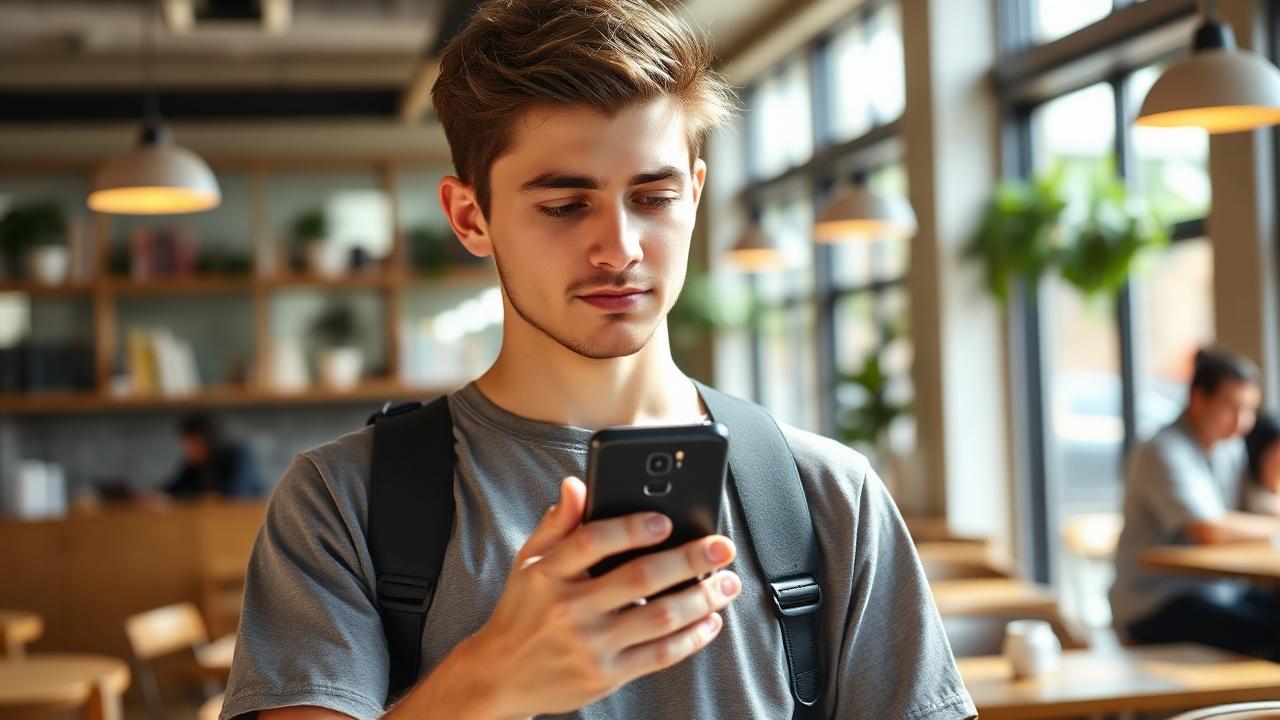 A young man holding his phone at chest height with a relaxed neck