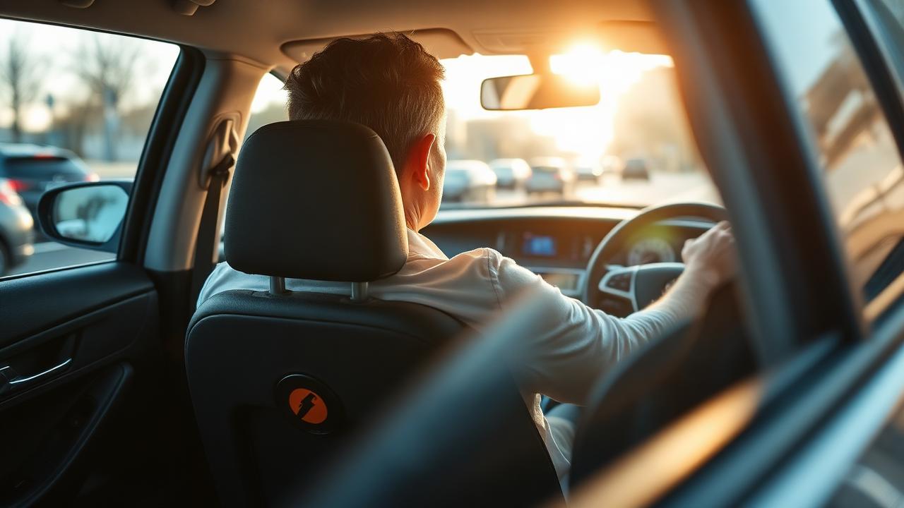 A driver seated with a supported lower back and relaxed shoulders in city traffic
