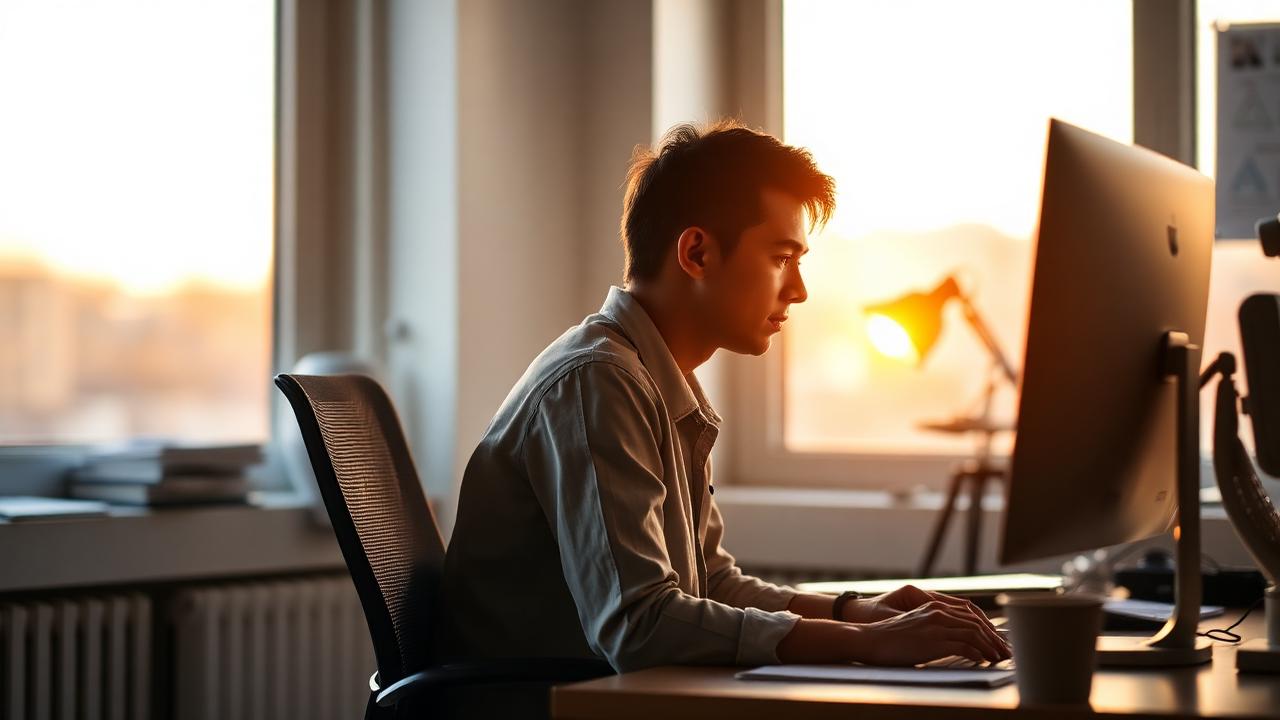 An office worker seated at a desk in late afternoon light