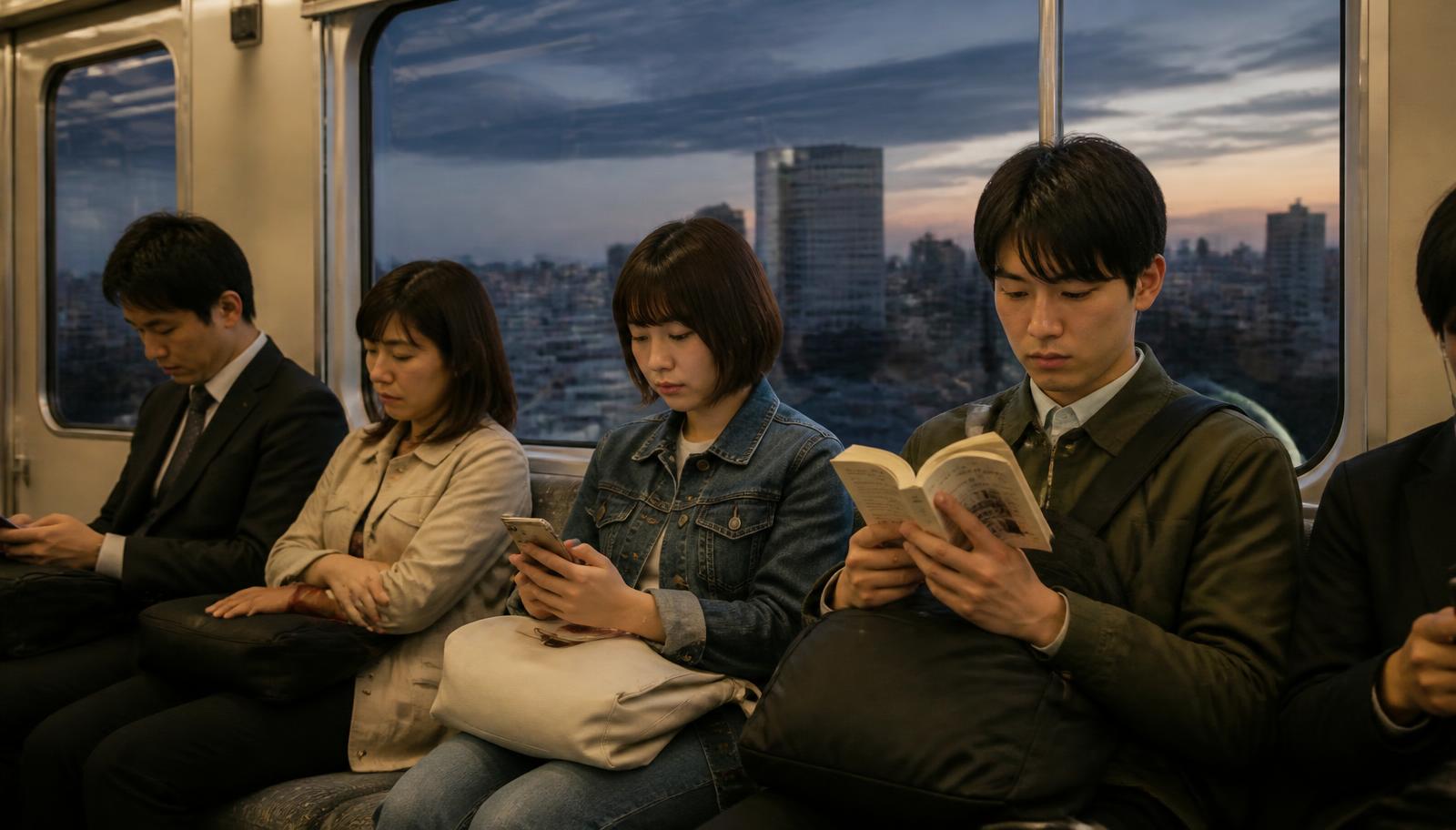 Commuters seated quietly in a city train carriage at dusk