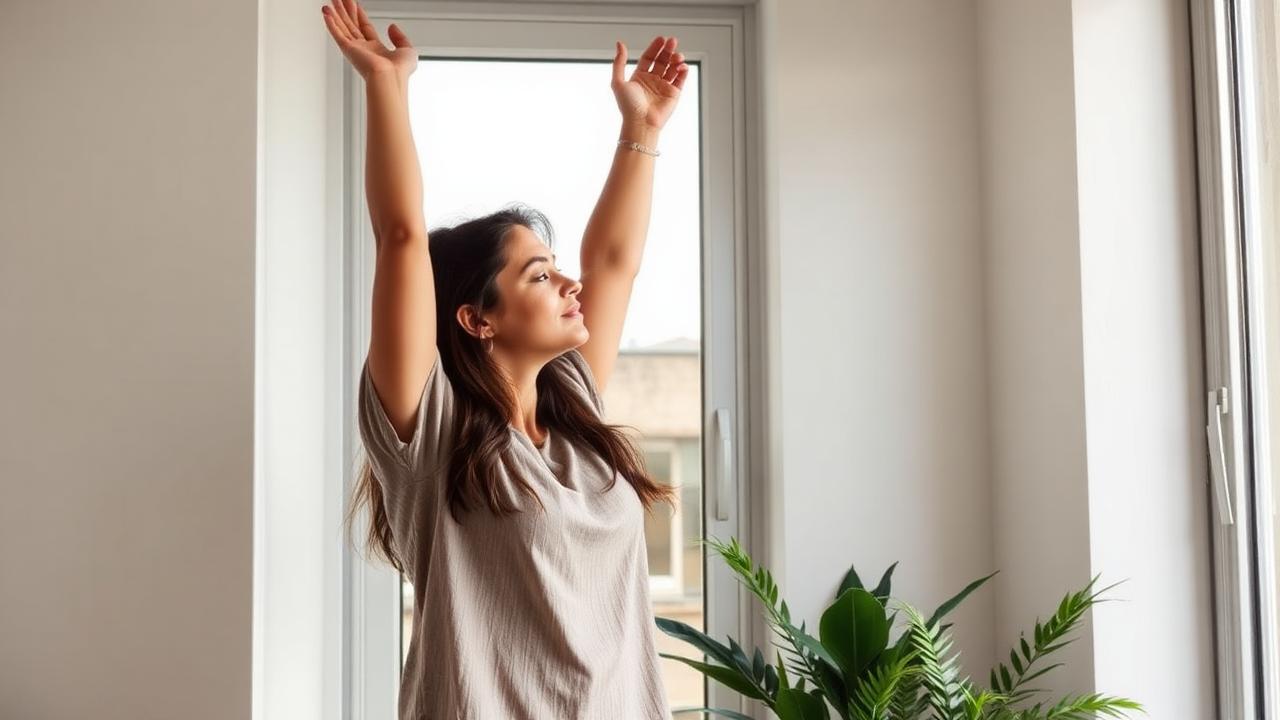A woman taking a standing break by a bright office window, arms reaching overhead