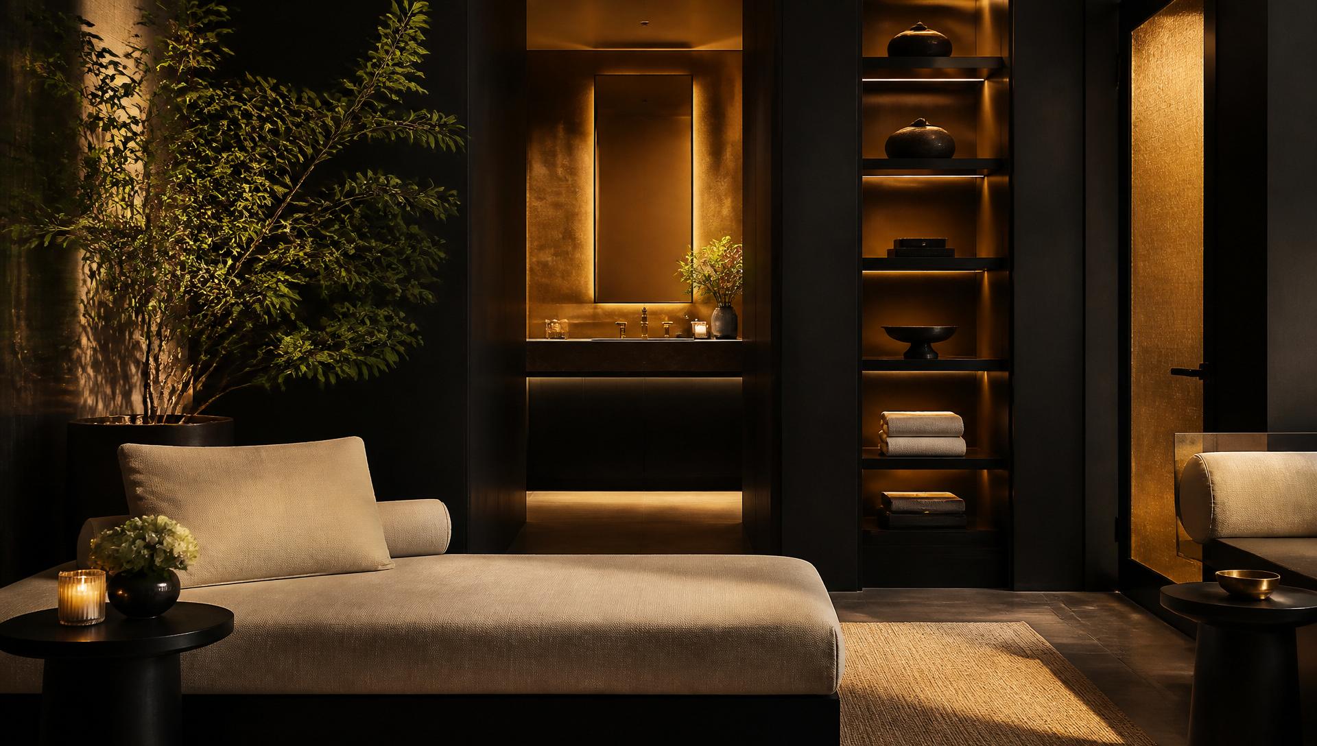 Warm private lounge lit by champagne gold ambient light