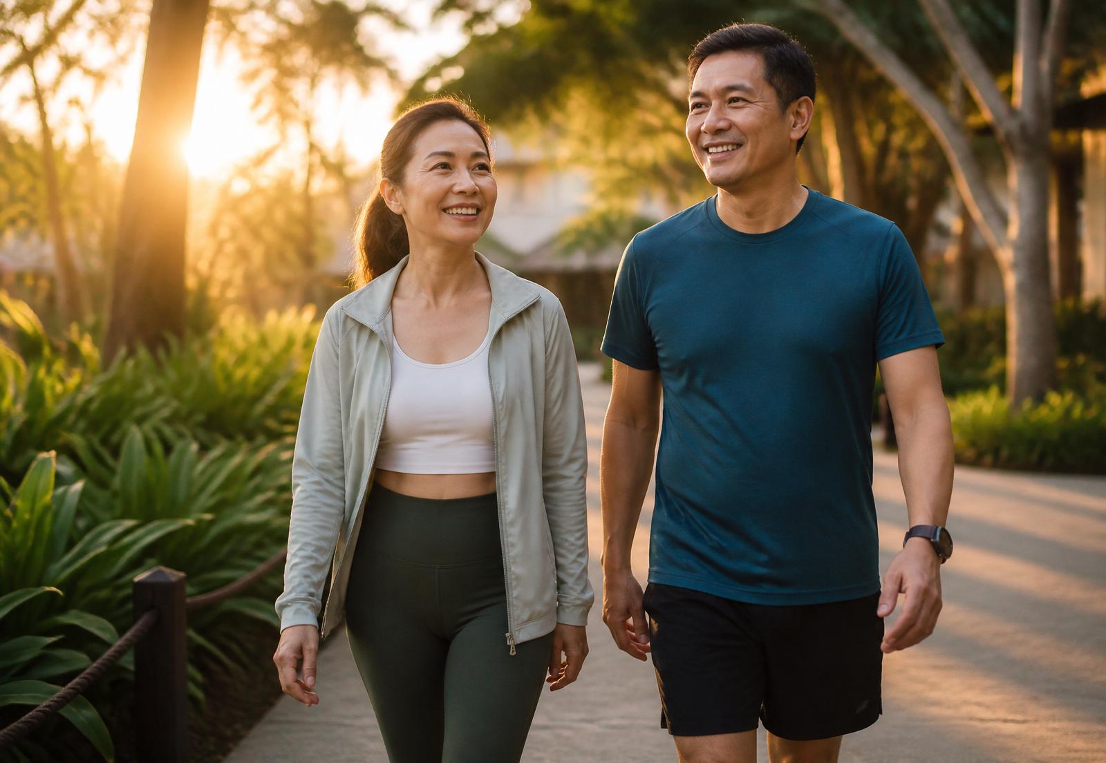 Active mature couple walking outdoors at golden hour