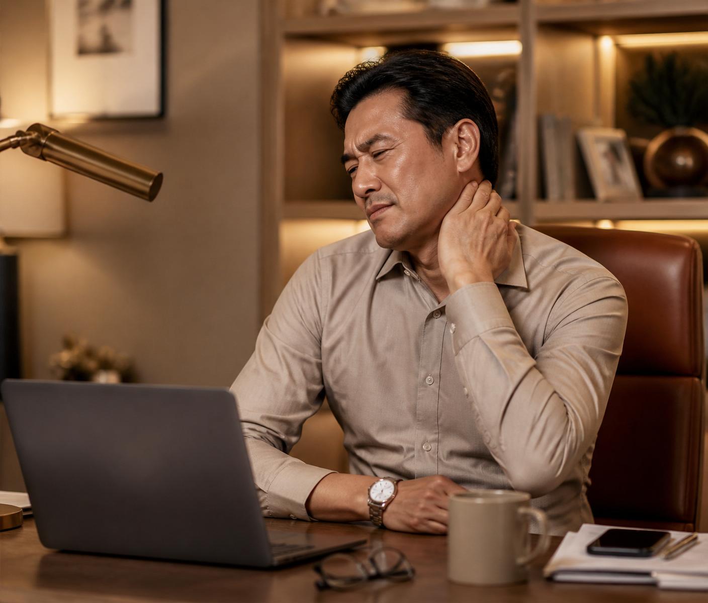 A professional experiencing mild neck stiffness after long work hours