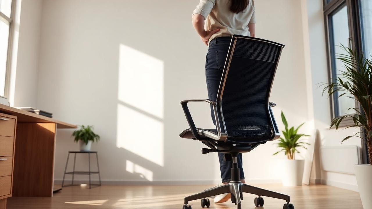 A person standing up from an office chair, spine lengthening naturally