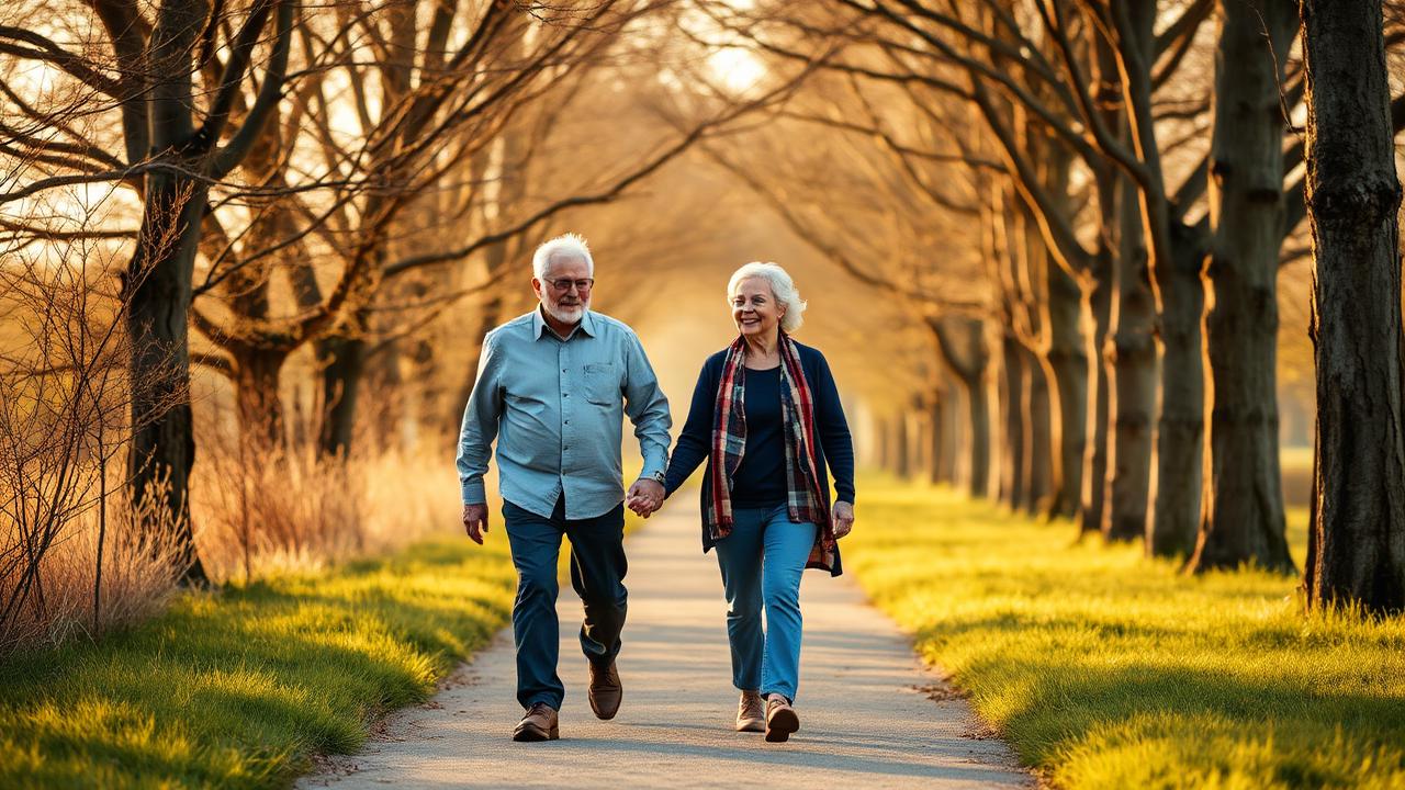 A couple in their fifties walking along a tree-lined path in morning light