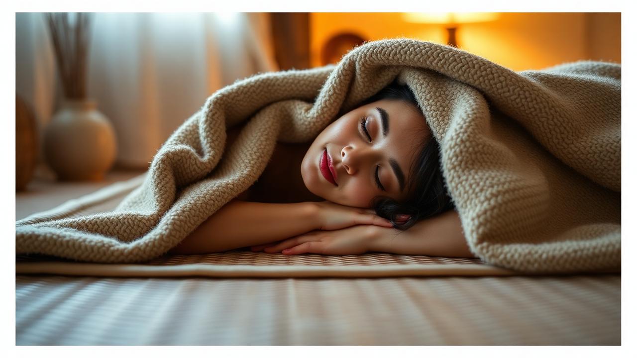 A woman resting under a warm blanket on a heated floor in a serene home interior