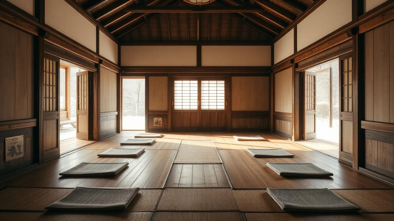 A traditional Korean ondol-heated room with warm wooden floors and paper doors