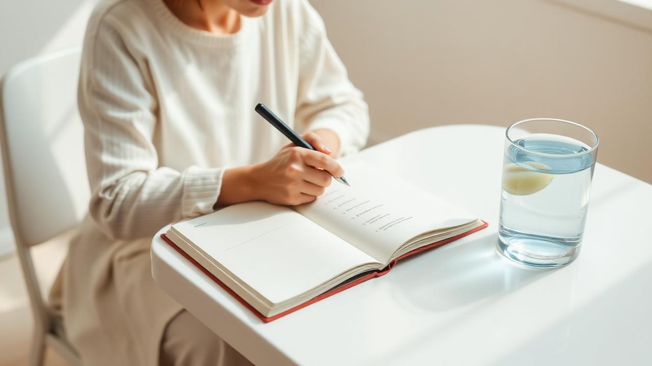 A woman writing a short list of weekly habits in a notebook at a bright table