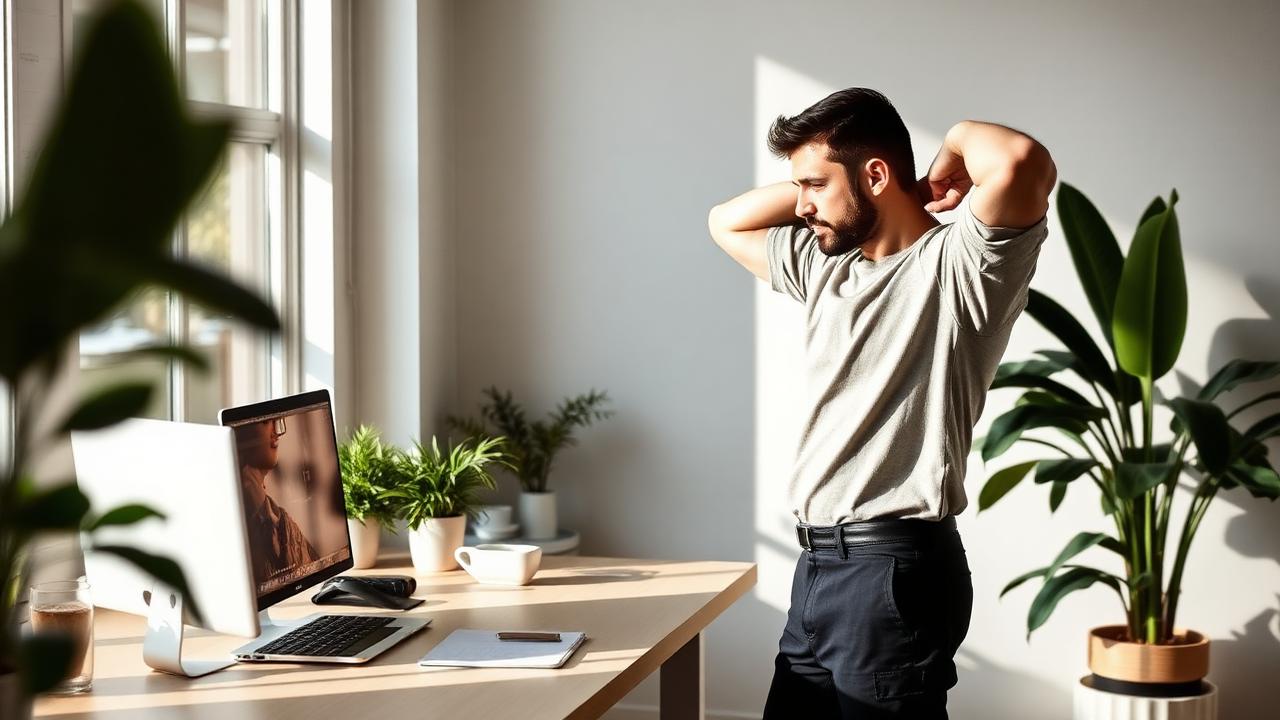 A man stretching his shoulders beside his desk during a work break